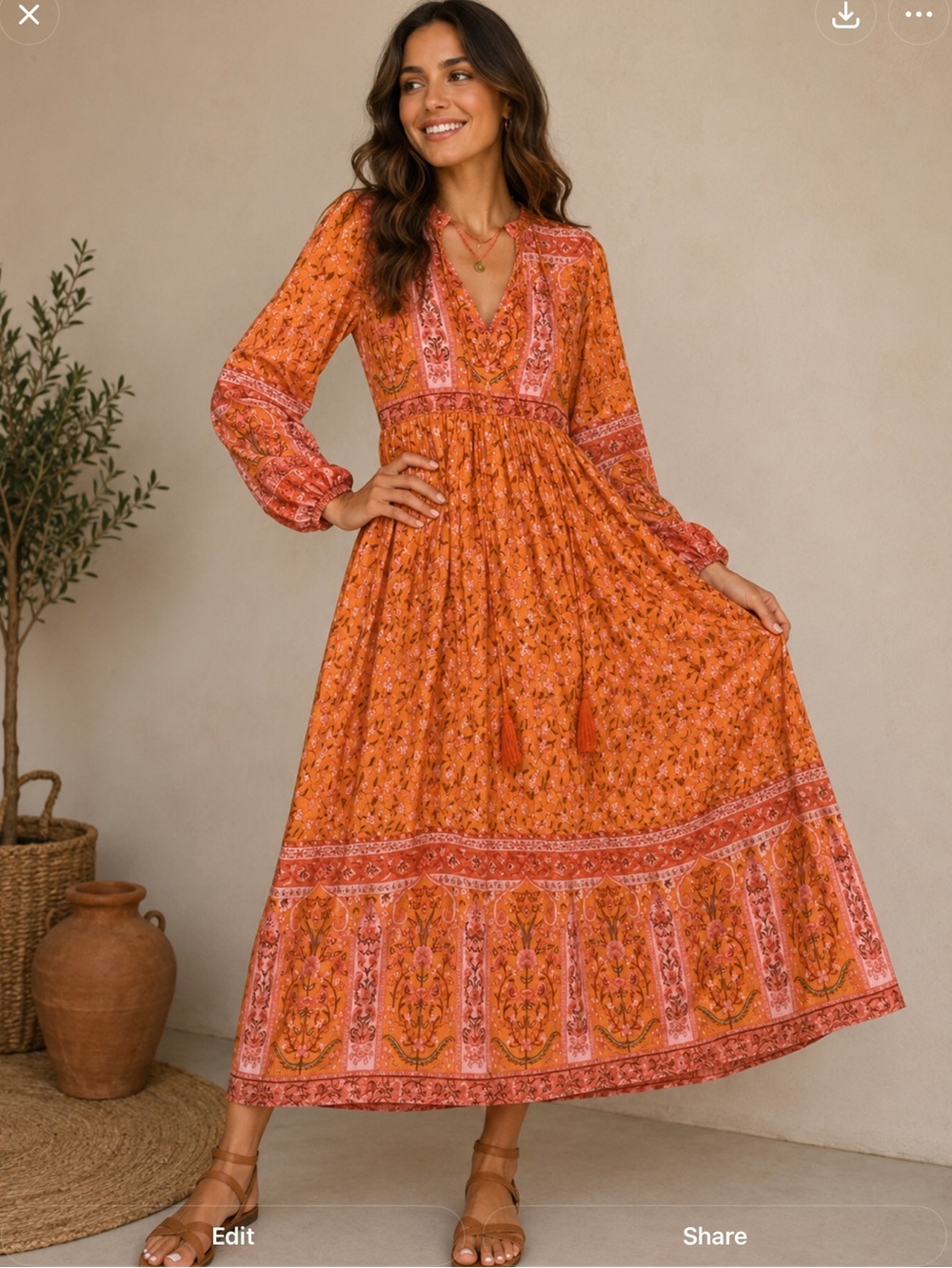 R vivimos dress Bohemian Orange Floral Maxi Dress with V-Neck size 8/10